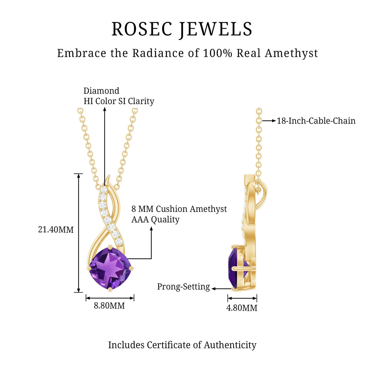 Natural 2 Carat cushion cut amethyst infinity pendant necklace with diamond accents by Rosec Jewels.