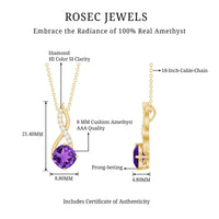Natural 2 Carat cushion cut amethyst infinity pendant necklace with diamond accents by Rosec Jewels.
