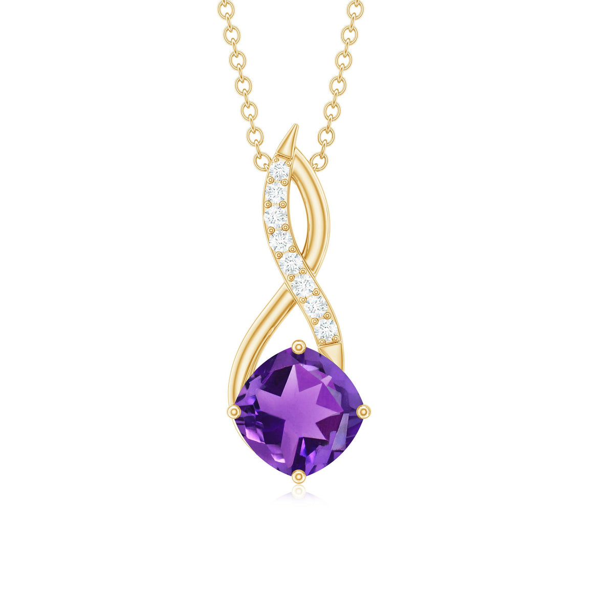 Natural 2 Carat cushion cut amethyst infinity pendant with diamonds from Rosec Jewels, showcasing a stunning gemstone and elegant design.