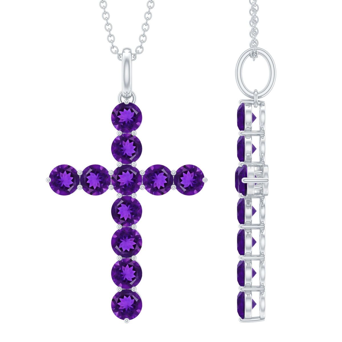 Natural amethyst cross pendant necklace with chain from Rosec Jewels, showcasing a purple gemstone cross on a silver chain.
