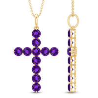 Natural amethyst cross pendant necklace with chain, featuring a polished purple gemstone and silver-tone chain from Rosec Jewels.