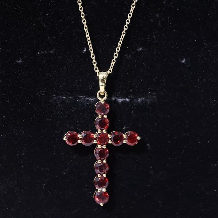Genuine garnet cross pendant necklace with gold-toned chain from Rosec Jewels, featuring a detailed cross design with a vibrant garnet gemstone.