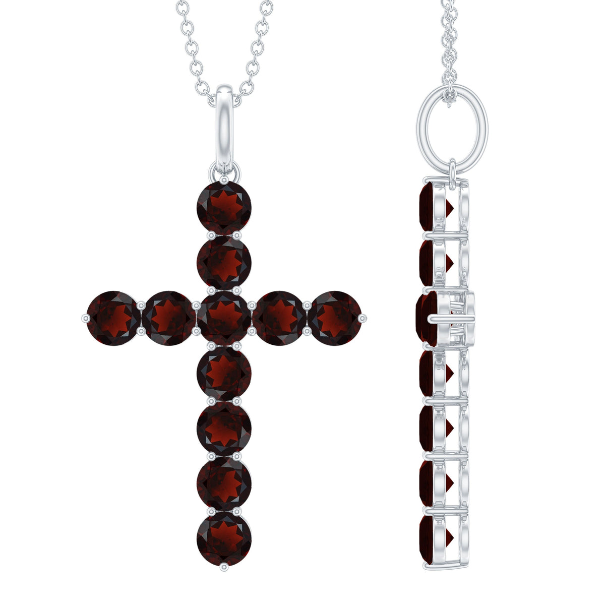 Genuine garnet cross pendant necklace from Rosec Jewels featuring a red garnet stone on a silver chain.