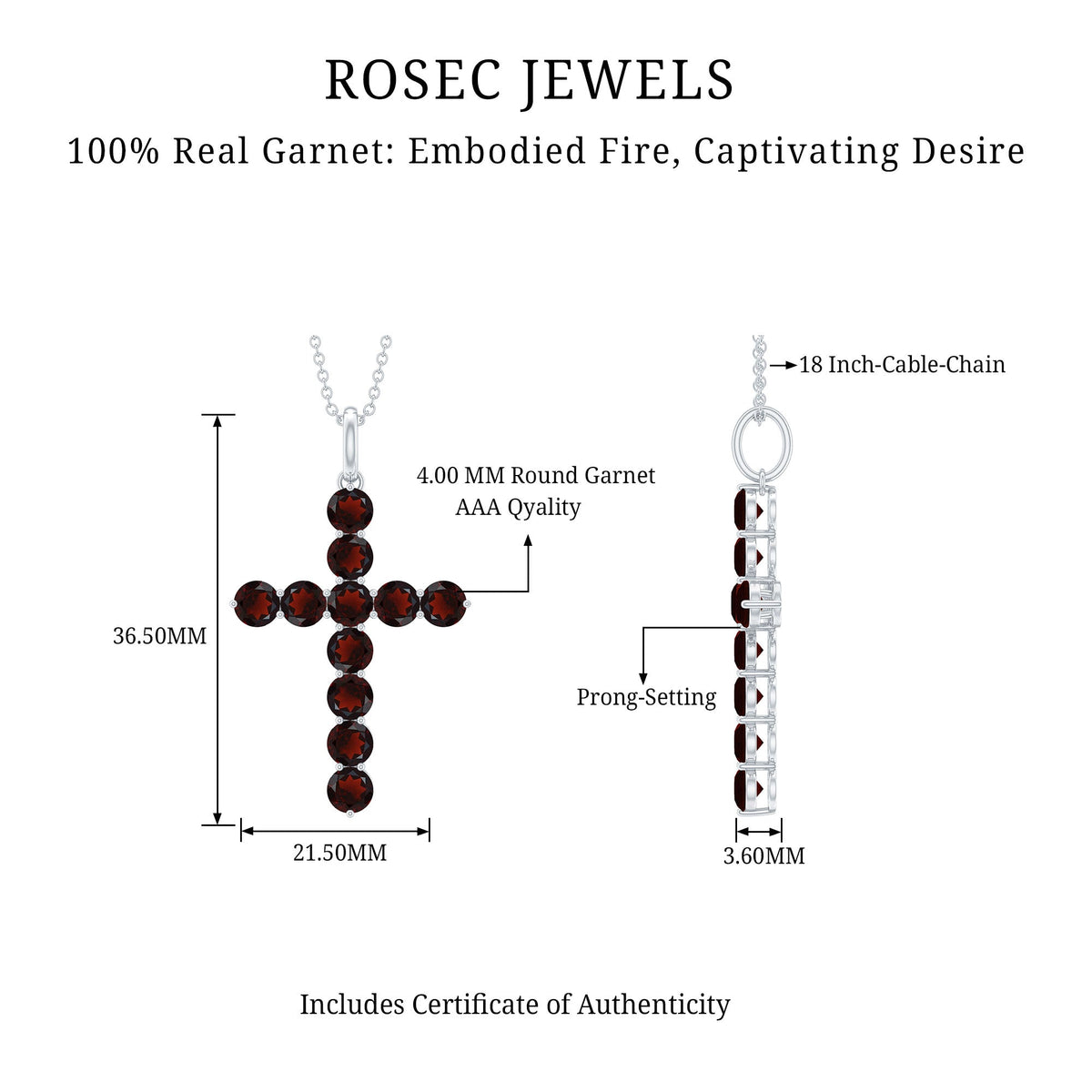 Genuine garnet cross pendant necklace from Rosec Jewels featuring a sterling silver chain and detailed gemstone setting.
