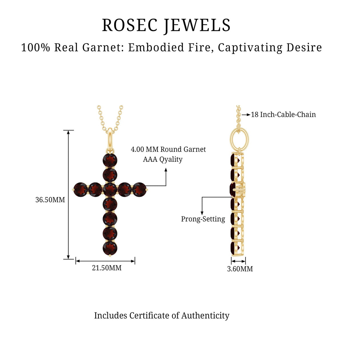 Genuine garnet cross pendant necklace from Rosec Jewels featuring a red gemstone on a silver chain.