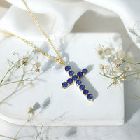 Simple Created Blue Sapphire Cross Pendant Necklace