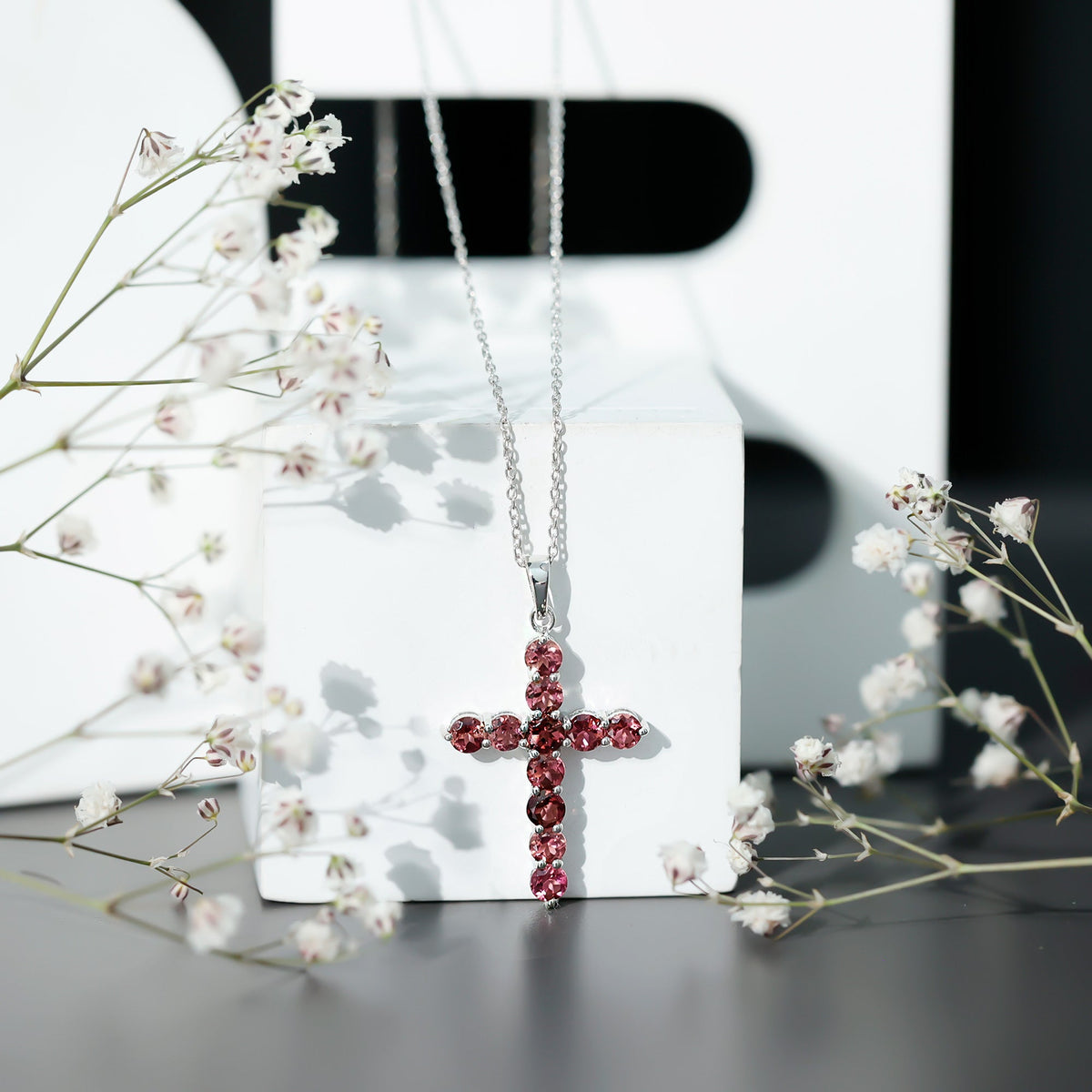 Natural Pink Tourmaline Cross Pendant Necklace for Women