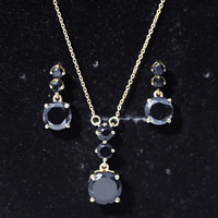 Genuine Black Onyx Three Stone Necklace With Earrings