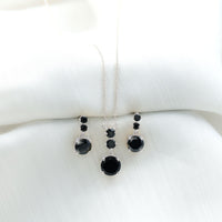 Genuine Black Onyx Three Stone Necklace With Earrings