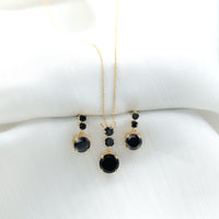 Genuine Black Onyx Three Stone Necklace With Earrings