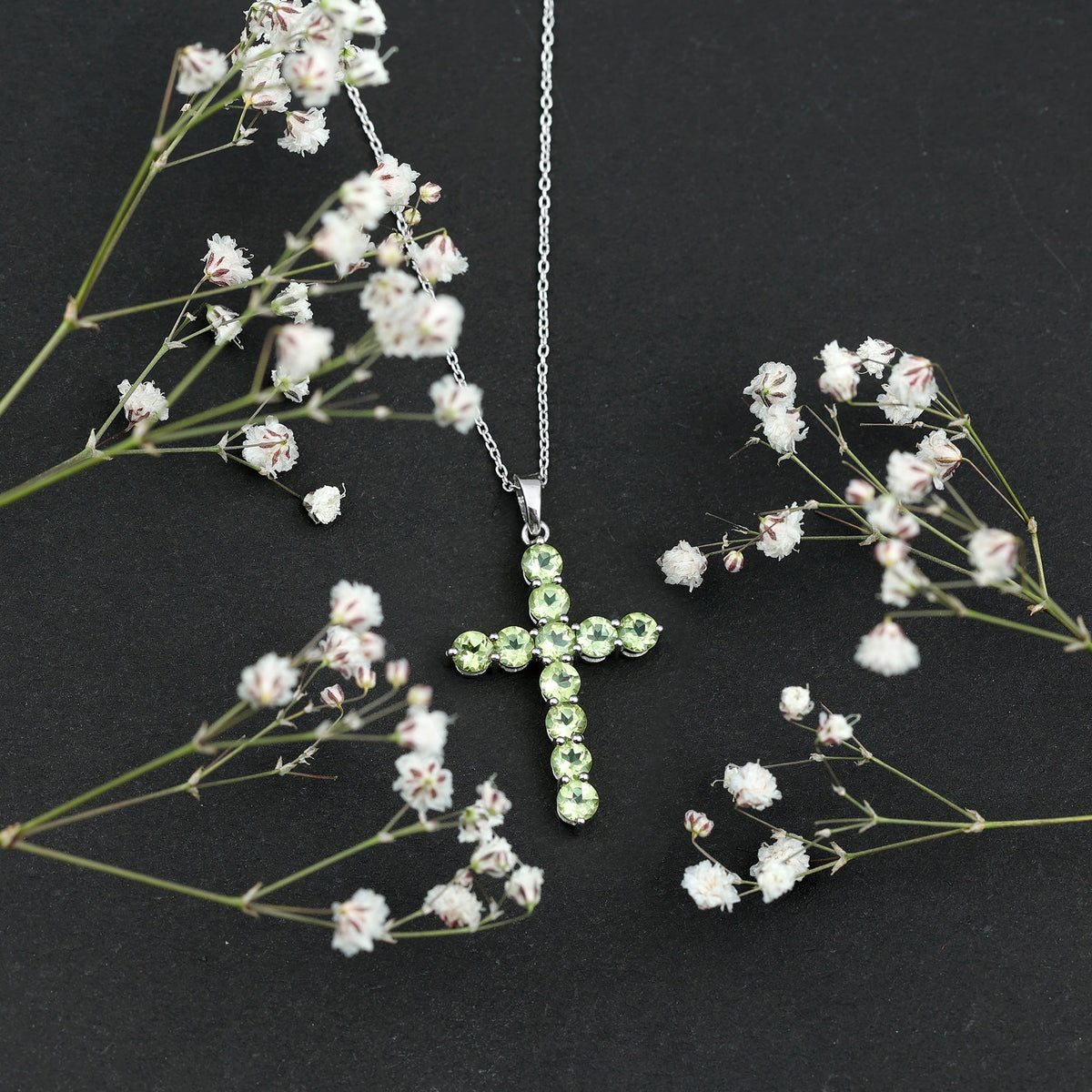 Natural 2.4 Carat Peridot Cross Pendant Necklace with Silver Chain