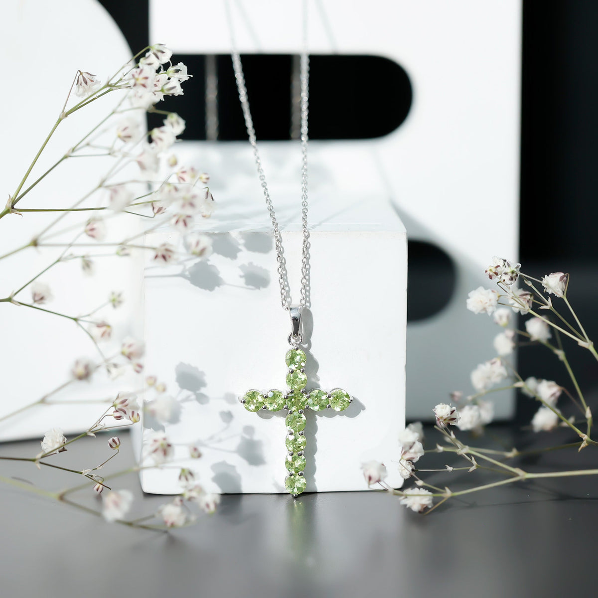 Natural 2.4 Carat Peridot Cross Pendant Necklace with Silver Chain
