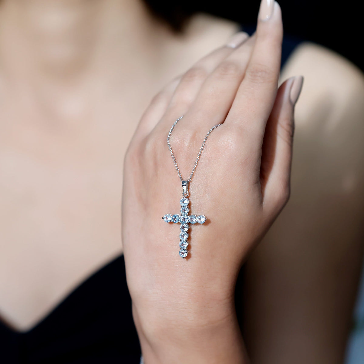 Womens Cross Necklace with Sky Blue Topaz