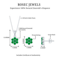 Genuine Round Cut Emerald Flower Necklace and Earrings Set