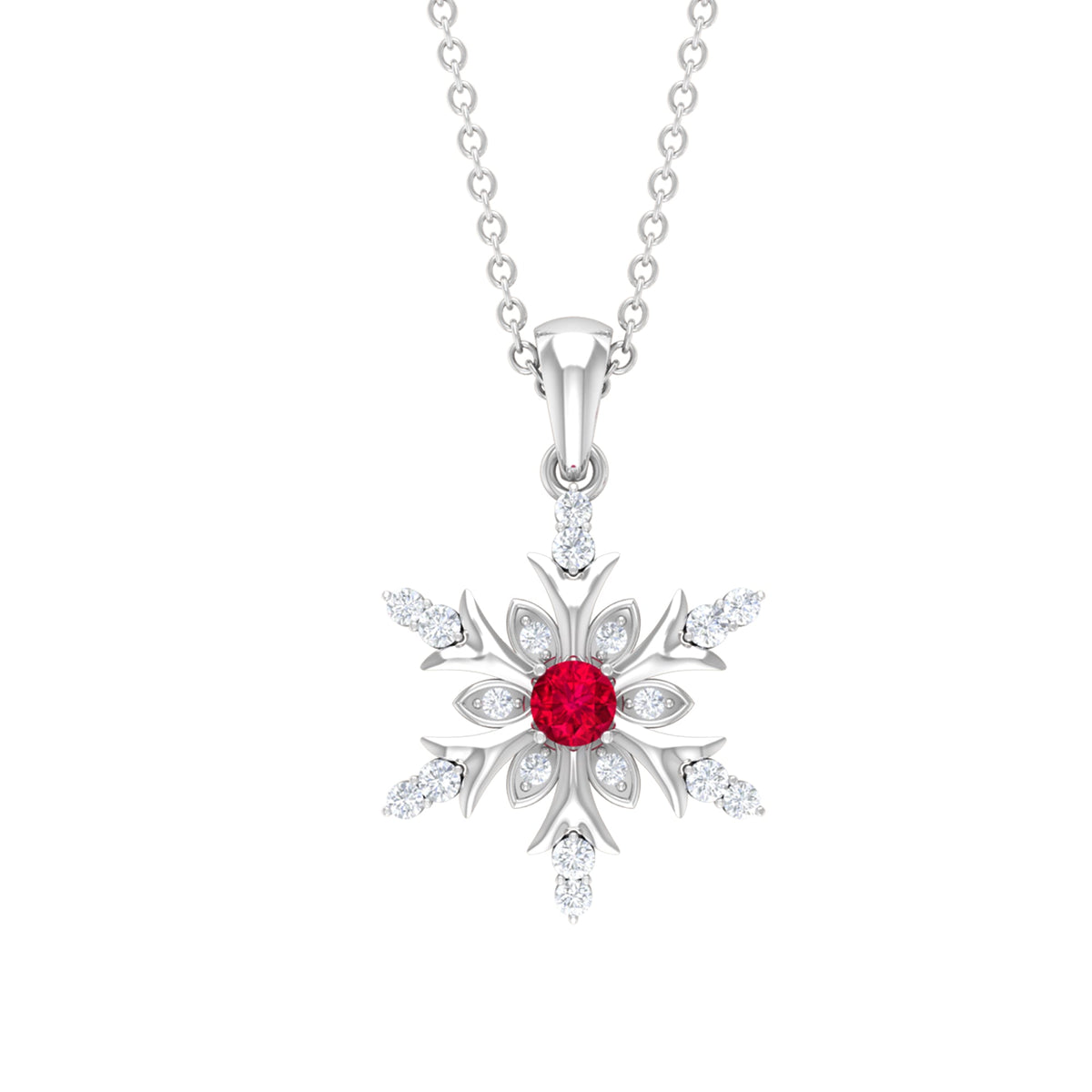 Lab-created ruby snowflake pendant with diamond accents, featuring a delicate pendant design from Rosec Jewels.