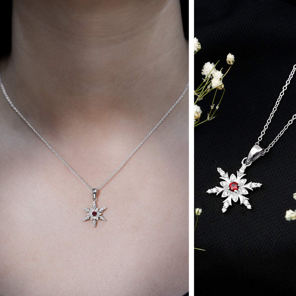 Lab-created ruby snowflake pendant with diamond accents from Rosec Jewels, featuring a sparkling snowflake design in a pendant style.