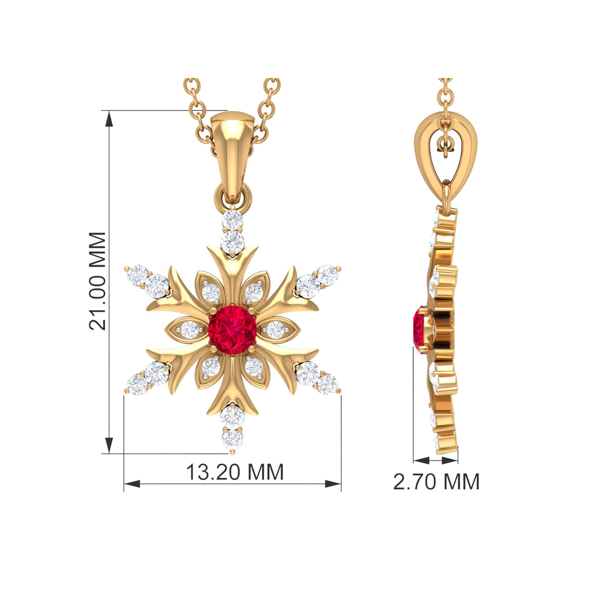 Lab-created ruby snowflake pendant with diamond accents showcasing intricate design and sparkling gemstones.