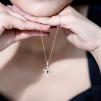 Lab created ruby snowflake pendant with diamond accents, showcasing intricate design and sparkling gemstones in a jewelry pendant.