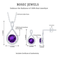Real 3 Carat Amethyst Infinity Necklace and Earrings Set for Women