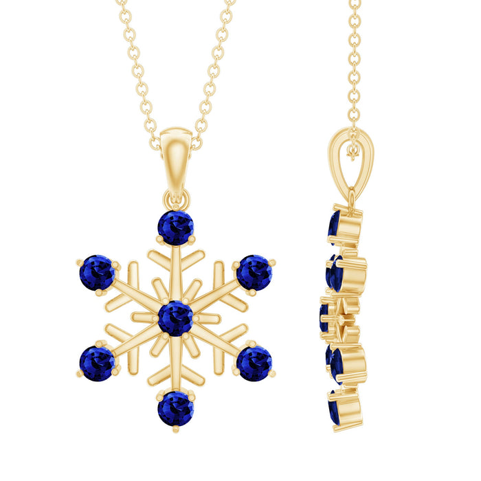 Blue sapphire snowflake pendant necklace with chain, lab-created gemstone and elegant silver-tone setting by Rosec Jewels