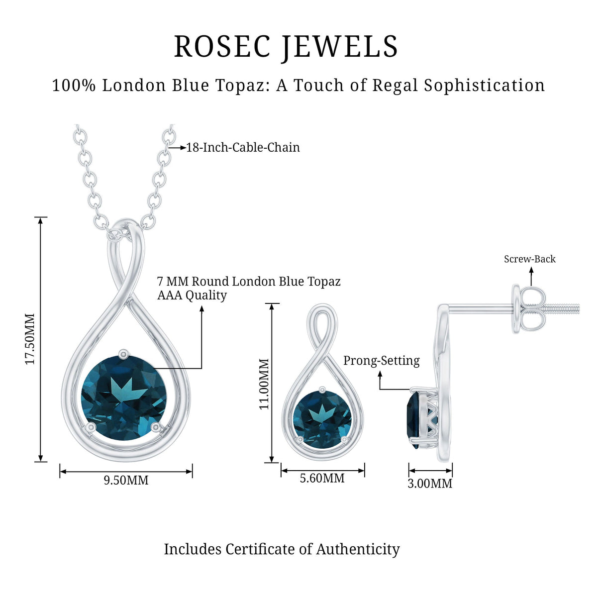 2.5 Carat Round London Blue Topaz Infinity Pendant and Earrings Set