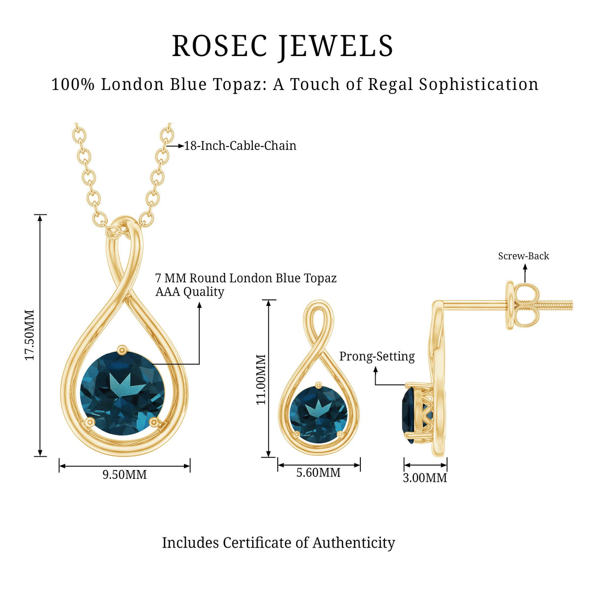 2.5 Carat Round London Blue Topaz Infinity Pendant and Earrings Set