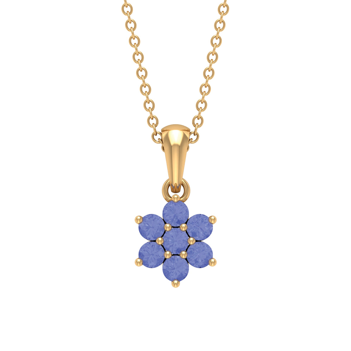 Natural Tanzanite flower cluster pendant necklace with intricate silver setting, featuring vibrant blue-purple gemstones.