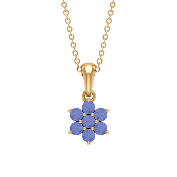 Natural Tanzanite flower cluster pendant necklace with intricate silver setting, featuring vibrant blue-purple gemstones.