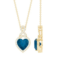 Heart-shaped London Blue Topaz infinity pendant with diamonds, crafted by Rosec Jewels, featuring a 2-carat gemstone.