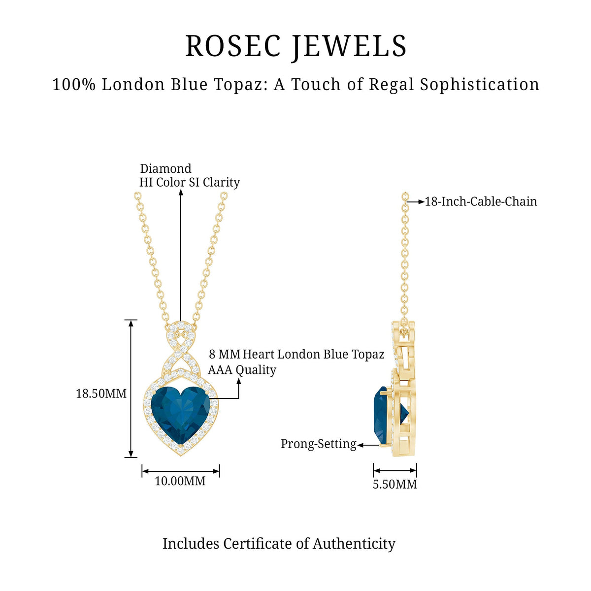 Heart-shaped London Blue Topaz infinity pendant with diamonds, featuring a 2-carat gemstone, from Rosec Jewels.