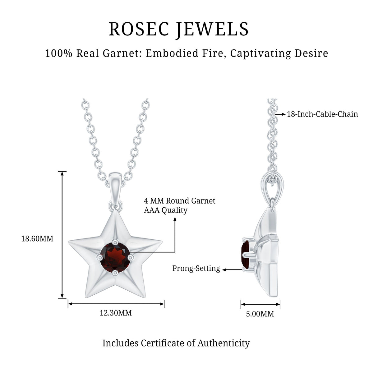 Natural Garnet Star Charm Pendant Necklace With Chain