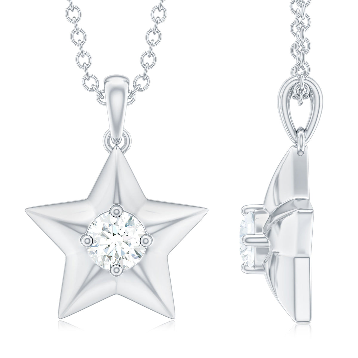 Moissanite star pendant necklace with chain from Rosec Jewels, showcasing a sparkling star-shaped gemstone on a delicate chain.