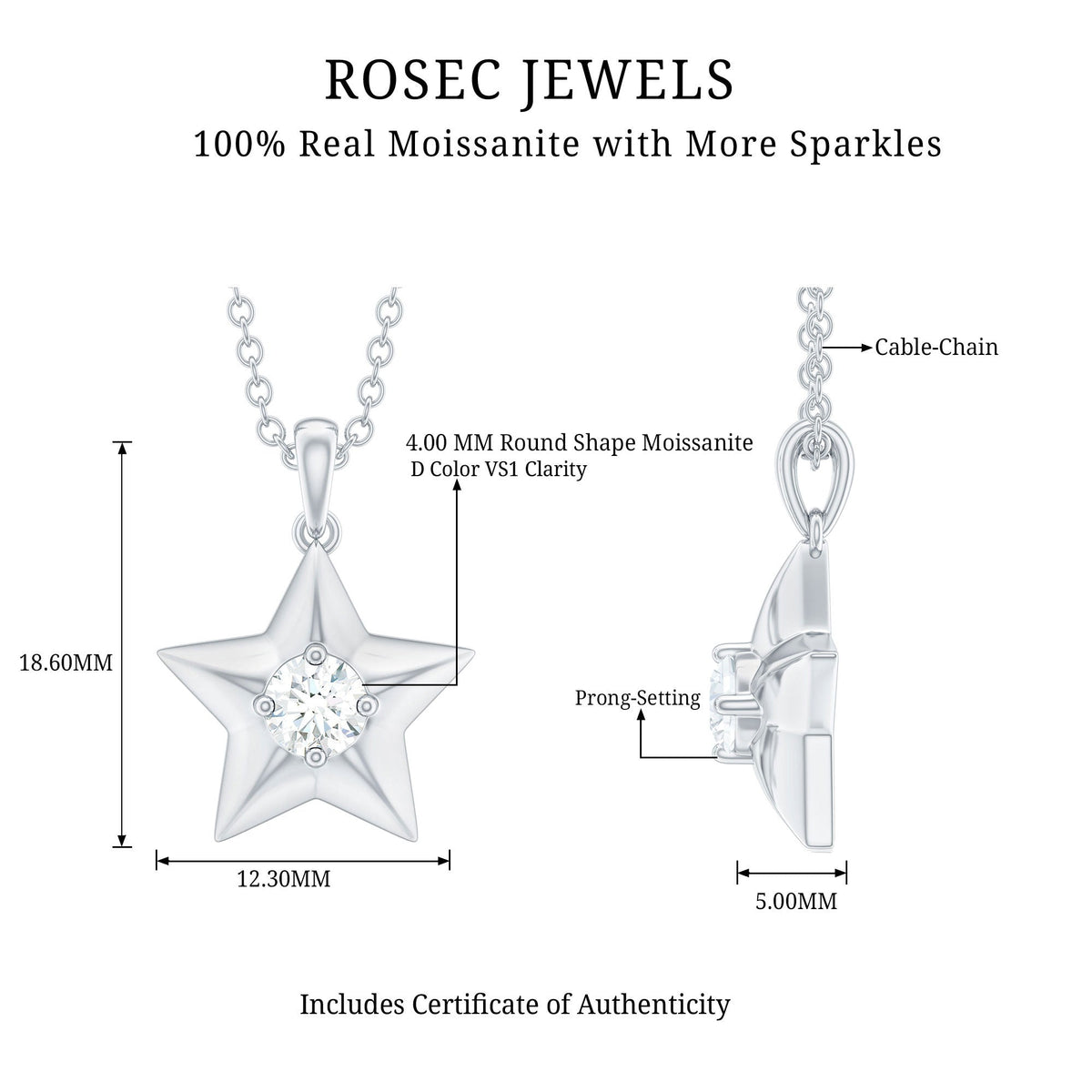 Rosec Jewels Moissanite star pendant necklace with chain, featuring a sparkling star-shaped gemstone and delicate chain.