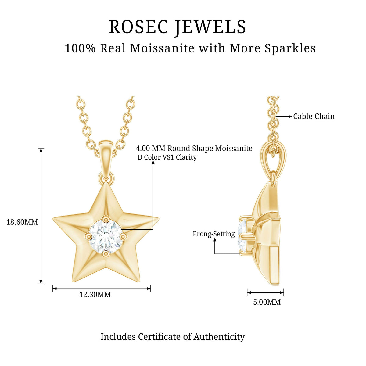 Certified Moissanite Star pendant necklace with chain from Rosec Jewels, featuring a sparkling star-shaped design.