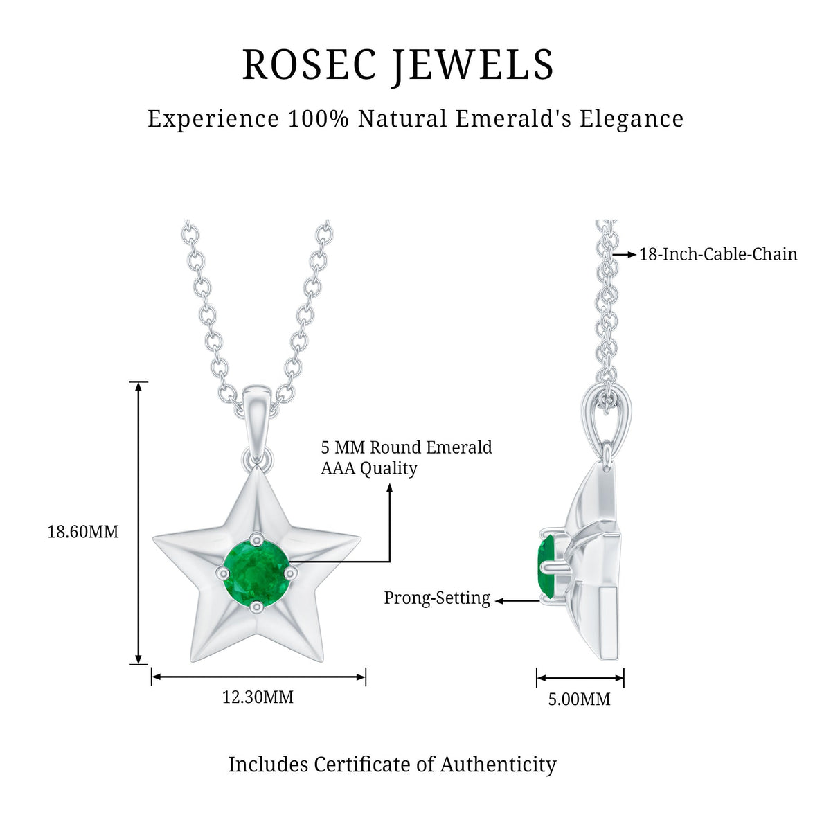 Natural half carat emerald star pendant necklace for women by Rosec Jewels, showcasing a sparkling emerald star pendant on a delicate chain.