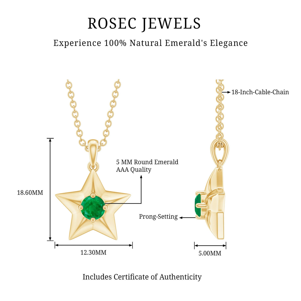 Natural half carat emerald star pendant necklace for women with a delicate chain, showcasing a stunning green gemstone from Rosec Jewels.