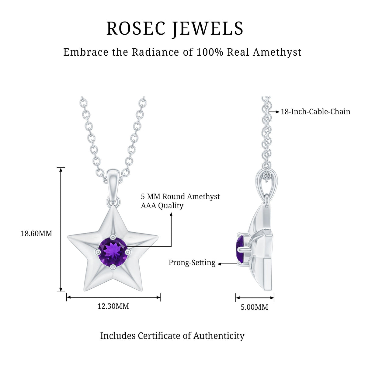Natural amethyst Star of David pendant with chain from Rosec Jewels, showcasing a gemstone pendant on a delicate chain.