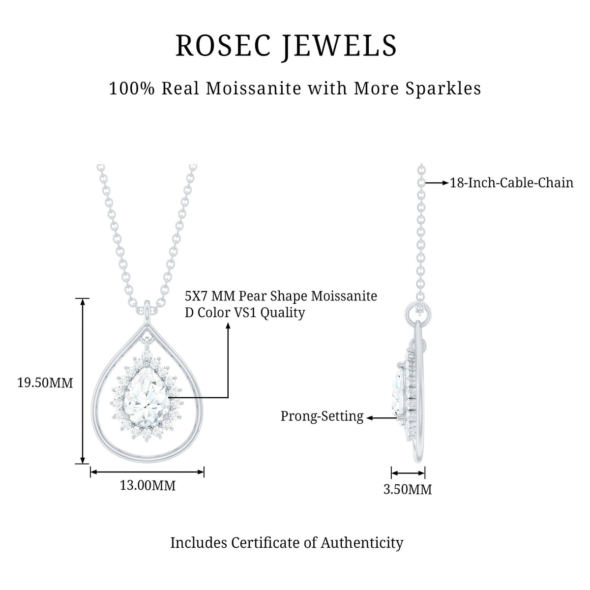 Certified 0.7 Carat Moissanite Teardrop Pendant Necklace
