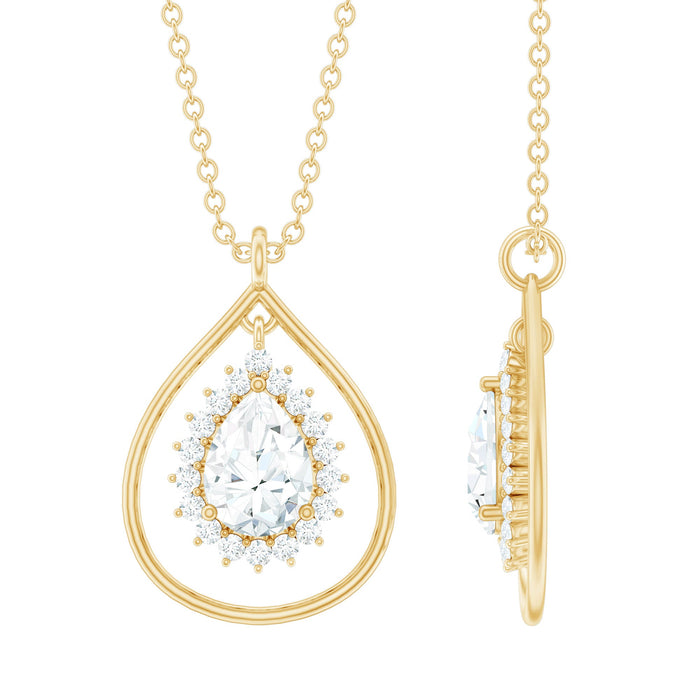 Certified 0.7 carat Moissanite teardrop pendant necklace with silver chain from Rosec Jewels, showcasing a sparkling teardrop-shaped gemstone.