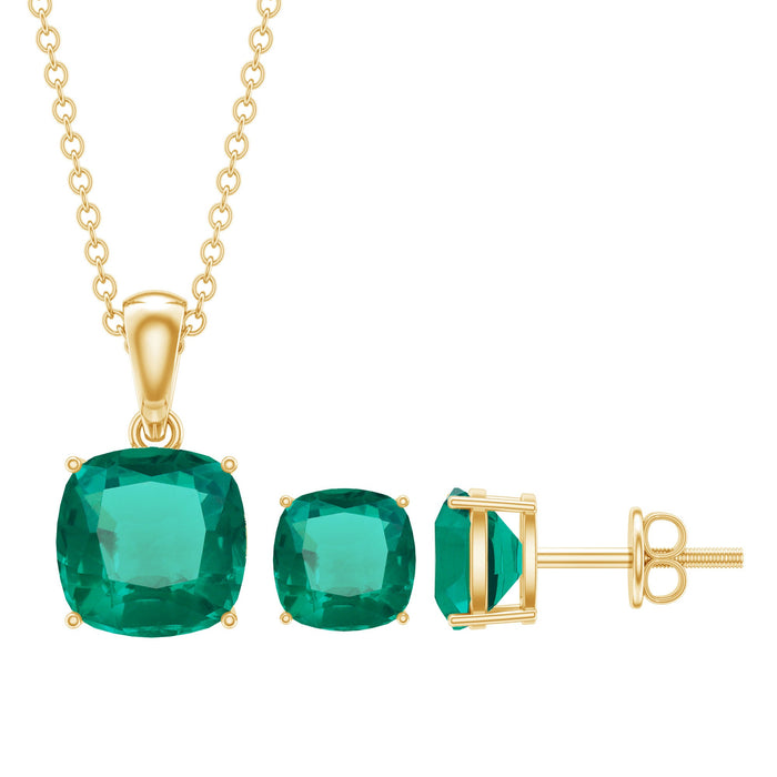 Certified lab-grown emerald solitaire jewelry set by Rosec Jewels featuring a matching necklace and earrings with sparkling emerald stones.