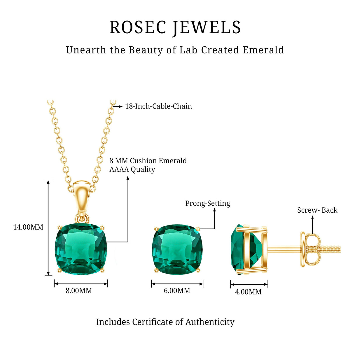 Certified Lab Grown Emerald Solitaire Jewelry Set