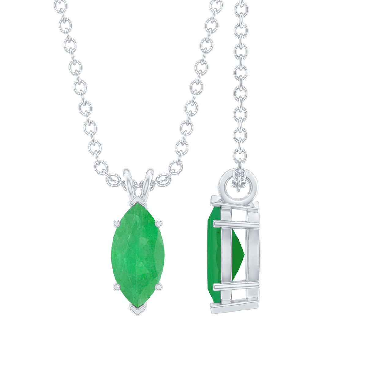 Marquise cut emerald solitaire pendant necklace with a silver chain, showcasing a vibrant green gemstone from Rosec Jewels.