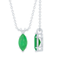 Marquise cut emerald solitaire pendant necklace with a silver chain, showcasing a vibrant green gemstone from Rosec Jewels.