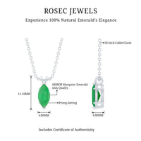 Marquise cut emerald solitaire pendant necklace with a silver chain, showcasing a vibrant green gemstone from Rosec Jewels.