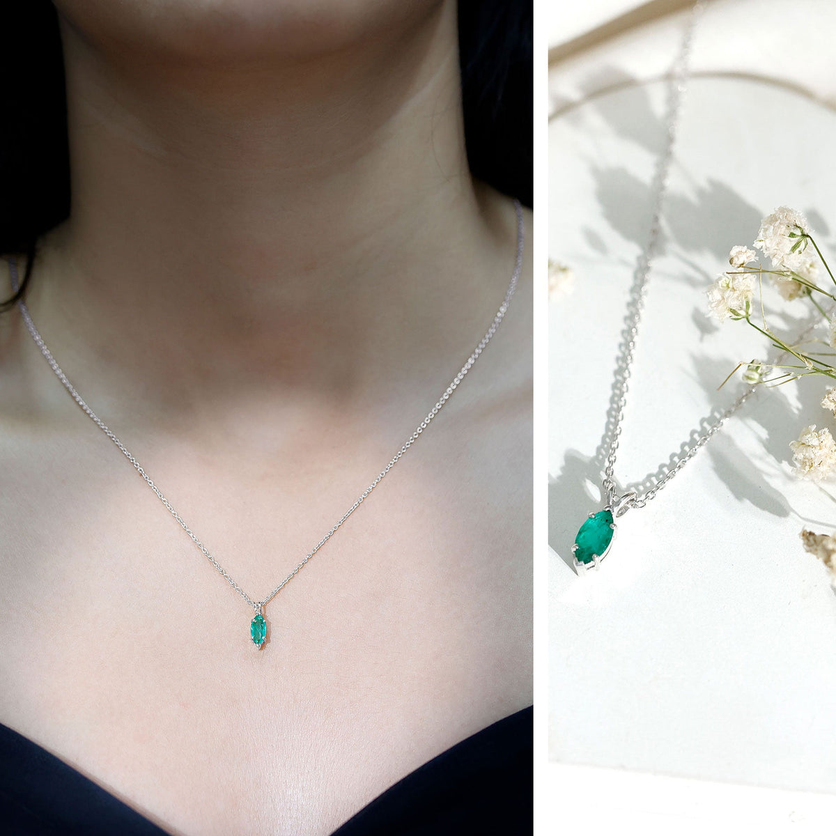 Marquise cut emerald solitaire pendant necklace by Rosec Jewels featuring a green emerald gemstone on a delicate chain