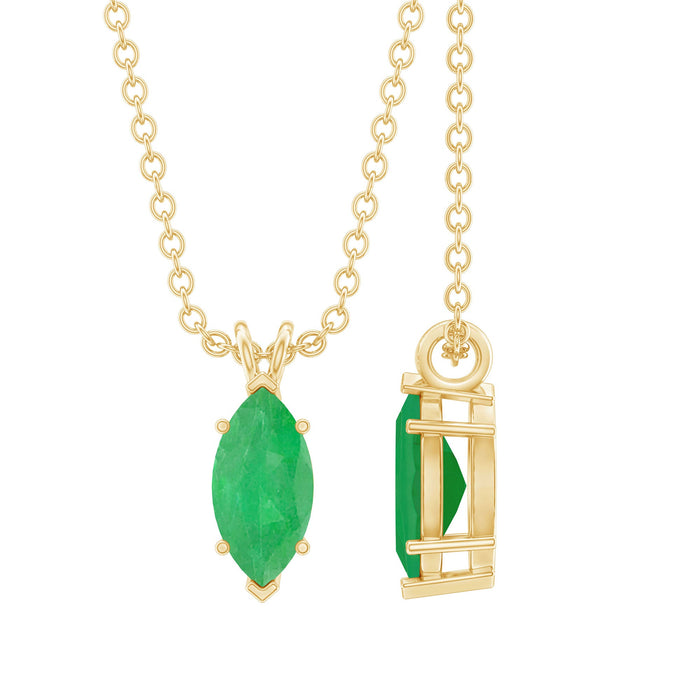 Marquise cut emerald solitaire pendant necklace by Rosec Jewels featuring a single green gemstone on a delicate chain