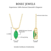 Marquise cut emerald solitaire pendant necklace from Rosec Jewels featuring a vibrant green emerald gemstone.