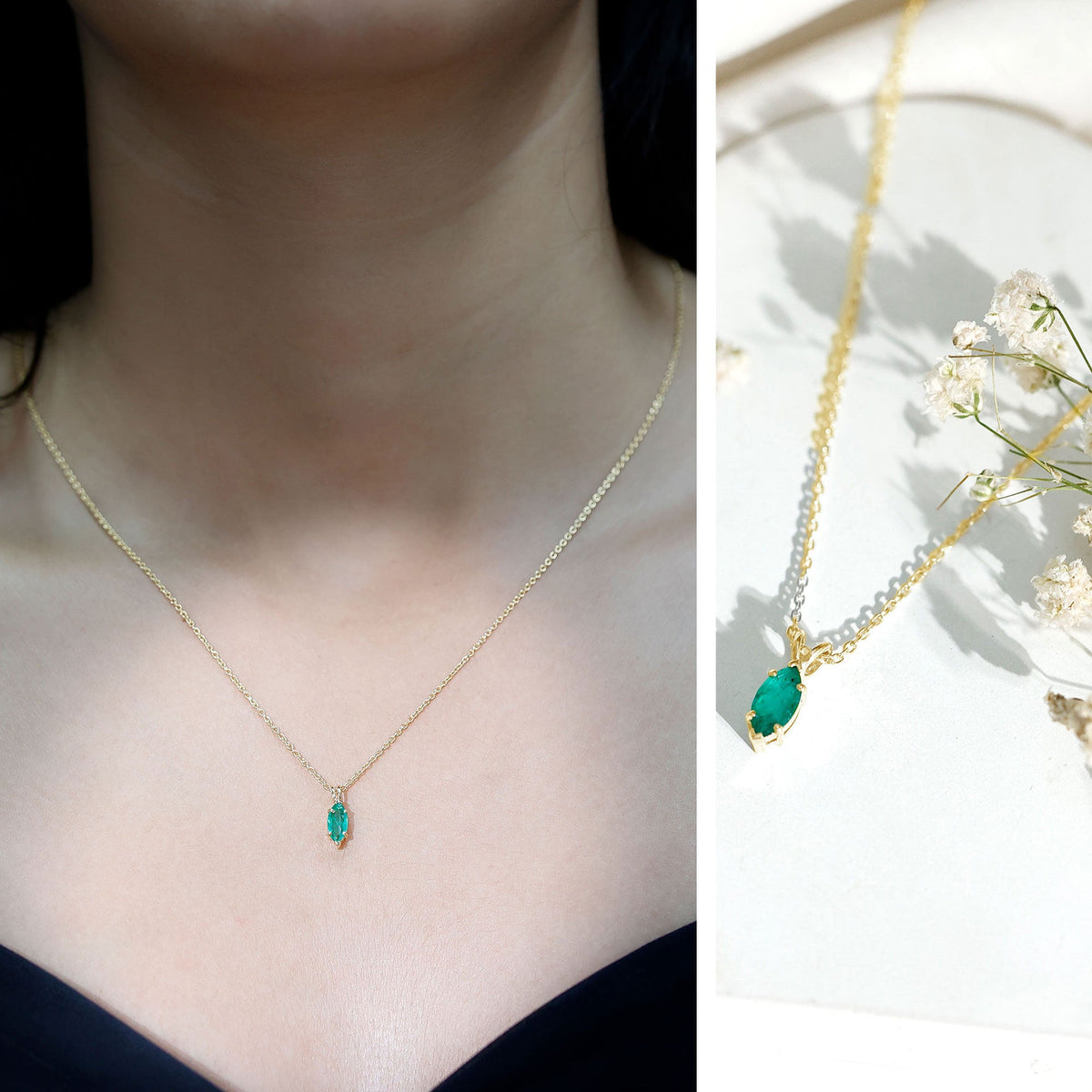 Marquise cut emerald solitaire pendant necklace from Rosec Jewels featuring a prominent green emerald gemstone on a delicate chain.