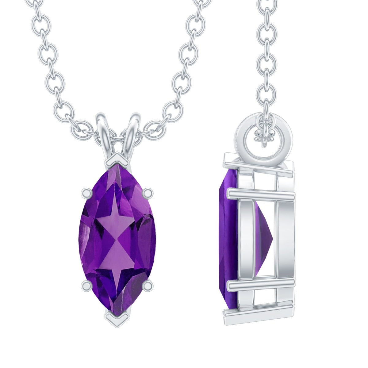 Genuine Marquise Cut Amethyst Solitaire Necklace with Silver Chain
