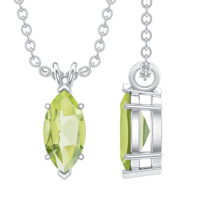 Marquise cut 0.74 carat Peridot birthstone pendant on silver chain from Rosec Jewels, showcasing a vibrant green gemstone.